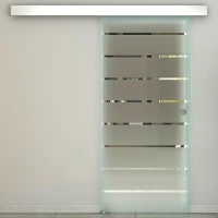HOMCOM 90cm Sliding Glass Door with Hardware Track Kit, Frosted Tempered Glass with Stripe Pattern, Round Handle(m-8)