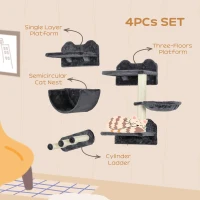 PawHut 4PCs Wall-Mounted Cat Shelves w/ Scratching Post, Hammock, Nest - Dark Grey(m-5)