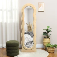 HOMCOM Espejo de Cuerpo Entero 160x50 cm Diseño Ondulado Marco con Tela de Terciopelo para Salón Dormitorio Beige(m-7)
