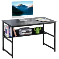 HOMCOM Computer Desk with Storage Shelf, 120 x 60cm Home Office Desk with Metal Frame, Study Table, Easy Assembly, Black(m-1)