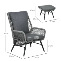 Outsunny String Rattan Armchair and Footstool Set, with Cushions - Grey(m-3)