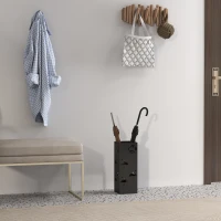 HOMCOM Metal Umbrella Stand, Square Umbrella Holder with Removable Drip Tray and 4 Hooks, Decorative Umbrella Storage Rack for Hallway, Entryway, 15.5 x 15.5 x 41 cm, Black(m-10)