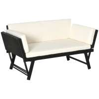 Outsunny Canapé lit de jardin extensible 3 places grand confort 4 coussins crème inclus résine tressée imitation rotin noir(m-1)