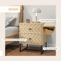 HOMCOM Bedside Table Nightstand Two-Drawer Bedroom Storage Unit Zig Zag Design with Black Metal Handles, Set of 2, Natural(m-6)