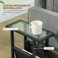 HOMCOM Table d'appoint étroite, bout de canapé en métal avec porte-revues et plateau en verre trempé, 40 x 18 x 55,5 cm, noir(m-6)