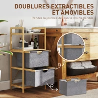 HOMCOM Panier à linge en bambou corbeille à linge sale avec 2 sacs en tissu coulissants et étagères ouvertes, naturel(m-6)