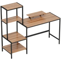 HOMCOM Computertafel met Monitorstandaard en 4-laags Rek, Industrieel Ontwerp, Bruin(m-1)