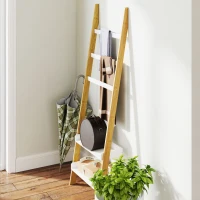 HOMCOM Étagère de rangement étagère échelle avec 2 étagères et 3 porte-serviettes pour chambre à coucher et salon, blanc(m-9)