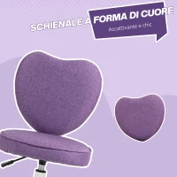 HOMCOM Sedia per Scrivania a Cuore con 5 Rotelle e Altezza Regolabile in Tessuto, 40x50x79-89cm, Viola(m-5)