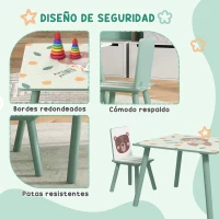 ZONEKIZ Set de Mesa y 2 Sillas Conjunto de Muebles Infantiles de 3 Piezas para Niños de +3 Años con Estampado Animales y Verde(m-5)