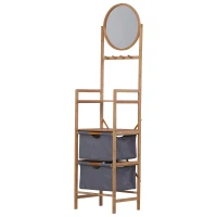 HOMCOM Meuble colonne rangement salle de bain bambou design naturel 41L x 33l x 166H cm 2 étagères, 2 paniers, 4 patères + miroir(m-1)