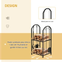 Outsunny Porte-bûches range bûches 2 niveaux étagère à bois de cheminée serviteur de cheminée multi-accessoires 2 étagères dim. 41,5L x 32,5l x 74,5H cm métal noir(m-6)