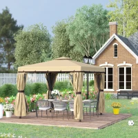 Outsunny 3 x 3(m) Patio Gazebo Canopy Garden Pavilion Tent Shelter with 2 Tier Water Repellent Roof, Mosquito Netting and Curtains, Aluminium Frame, Beige(m-10)