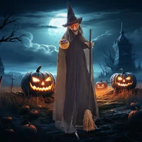 HOMCOM 6'2" Witch with Broomstick Halloween Animatronic, with Glowing Eyes(m-10)