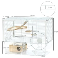 PawHut Hamster Cage, Gerbil Cage with Wooden Ramp, Exercise Wheel, Food Bowl - White(m-3)