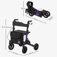 HOMCOM Folding Rollator Walker with Seat, Backrest, Lightweight Walking Frame with Storage Bag, Dual Brakes, Adjustable Handle Height, Suspension System, 4 Wheeled Walker for Seniors, Purple(m-3)