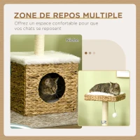 PawHut Arbre à chat 2 niveaux avec 1 niche 1 poteau sisal 1 plateforme d'observation et 1 pompon suspendu jacinthe d'eau(m-5)