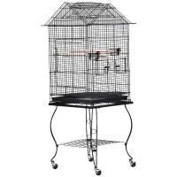 PawHut Jaula para Pájaros con Soporte y Ruedas Bandeja Extraíble 2 Comederos Repisa Inferior Metal para Canarios Periquitos Loros 53x53x147 cm Negro(m-8)