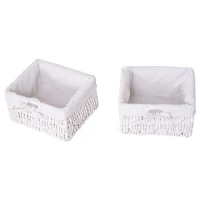 HOMCOM Porte-manteau mural - meuble de rangement mural étagère 4 patères + 2 paniers bois de paulownia osier tissu blanc(m-6)