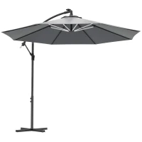 Outsunny 3(m) Cantilever Parasol with Solar LED Lights, Garden Umbrella with Cross Base and Crank Handle, Hanging Offset Banana Sun Shade for Outdoor, Patio, Grey(m-1)