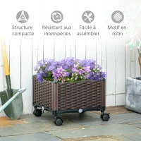 Outsunny Jardinière sur roulettes dim. 40L x 40l x 31H cm Insert d'irrigation Plastique Imitation rotin tressé Chocolat(m-6)