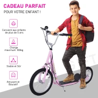 HOMCOM Trottinette patinette pour Enfants à partir de 5 Ans Grands pneus Guidon réglable poignée Frein et béquille Acier Rose(m-4)