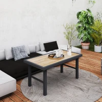 Outsunny Metal Garden Coffee Table, Outdoor Side Table with SPC Woodgrain Tabletop for Outside, Garden, Balcony, Porch, 100 x 53 x 46cm, Brown Wood Effect(m-8)