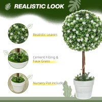 HOMCOM Set of 2 Decorative Artificial Plants, Ball Topiary Tree with Rose Flower in Pot, Fake Plants for Home Indoor Outdoor Decor, 60cm, White(m-4)