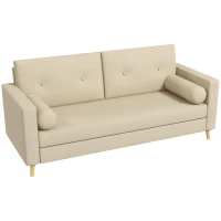 HOMCOM Canapé 3 places 180 cm style scandinave 2 petits coussins supplémentaires piètement bois revêtement tissu blanc crème(m-1)