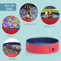 PawHut Foldable Dog Pool, 80 x 20 cm Pet Paddling Pool with Wood Board Support and Anti-Slip Bottom, Portable Doggy Paddling Pool for Garden and Outdoor Use, Red(m-4)
