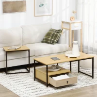 HOMCOM Set da 2 pezzi con Tavolino da Caffè e Tavolino laterale a C in Acciaio e Truciolato, Color legno(m-7)