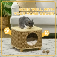 PawHut Elevated Design Wicker Cat House with Washable Cushion, Light Brown(m-6)
