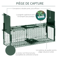 PawHut Piège Vivant Cage Attrape 60 x 18 x 20 cm Piège Fouine pour Martres, Rats, Souris - 2 entrées + poignée - métal vert(m-6)