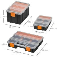 DURHAND Set Of 4 Plastic DIY Tool Storage Boxes w/ Inside Dividers Locking Lids Home Garage Organisation Stacking Arts Crafts Bolts Black Orange(m-3)