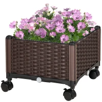 Outsunny Jardinière sur roulettes dim. 40L x 40l x 31H cm Insert d'irrigation Plastique Imitation rotin tressé Chocolat(m-10)