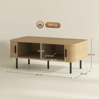 HOMCOM Mesa de Centro con 2 Puertas Tipo Persiana 2 Compartimientos y Patas de Acero para Sala de Estar 100x55x40 cm Roble(m-3)