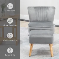 HOMCOM Velvet Accent Chair Occasional Tub Seat Padding Curved Back with Ottoman Wood Frame Legs Home Furniture Light Grey(m-6)