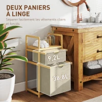 HOMCOM Panier à linge en bambou corbeille à linge sale avec 2 sacs en tissu coulissants et étagère à lattes, naturel(m-4)