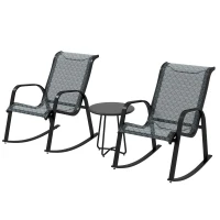 Outsunny 3 Piece Outdoor Rocking Set with 2 Armchairs and Metal Top Coffee Table, Patio Bistro Set with Curved Armrests, Breathable Mesh Fabric Seat for Garden, Deck, Mixed Grey(m-11)