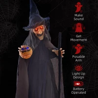 HOMCOM 6'2" Witch with Broomstick Halloween Animatronic, with Glowing Eyes(m-7)