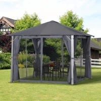 Outsunny 3(m) x 3(m) Garden Outdoor Soft Top Gazebo Steel Frame w/ Zipped Mesh Curtain Sidewalls Garden Sun Shelter Wedding Party Tent - Grey(m-10)