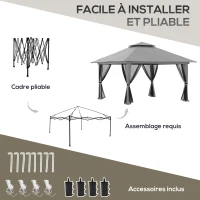 Outsunny Tonnelle barnum de jardin pop-up pliant double toit protection UV 50+ avec 4 moustiquaires zippées 4 x 4 m gris(m-5)