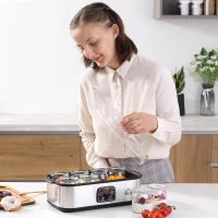 HOMCOM Yaourtière avec 8 pots en verre de 180ml, machine à yaourt électrique en acier inoxydable avec minuterie, thermostat réglable et affichage numérique pour des desserts maison sains(m-9)