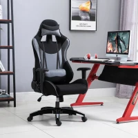 HOMCOM Fauteuil gaming style baquet racing pivotant inclinable avec coussins revêtement synthétique polyester gris noir(m-2)
