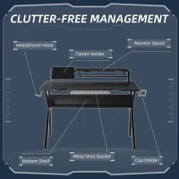 HOMCOM Gaming Desk, Computer Table with Monitor Stand, Cup Holder, Headphone Hook, Wire Basket and Metal Frame, 120cm, Black(m-5)