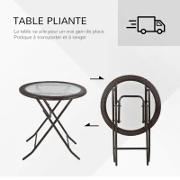 Outsunny Table ronde bistro de jardin pliable dim. Ø 68 x 73H cm métal époxy résine tressée chocolat plateau verre trempé(m-4)