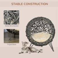 PawHut Rattan Elevated Cat Bed House Kitten Basket Ball Shaped Pet Furniture w/ Removable Cushion - Silver-Tone and Grey(m-4)