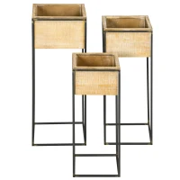 Outsunny Lot de 3 cache-pots carrés pour plantes fleurs sur pied en métal et bois - 3 hauteurs différentes naturel et noir(m-10)