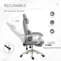 Vinsetto Sedia da Ufficio Ergonomica, Sedia da Scrivania con Rotelle, Cuscino Lombare, Poggiatesta e Poggiapiedi Estraibile, Grigia 62x68x117-127cm(m-5)
