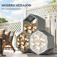 Outsunny Three-Shelf Hexagon Metal Firewood Rack - Grey(m-4)
